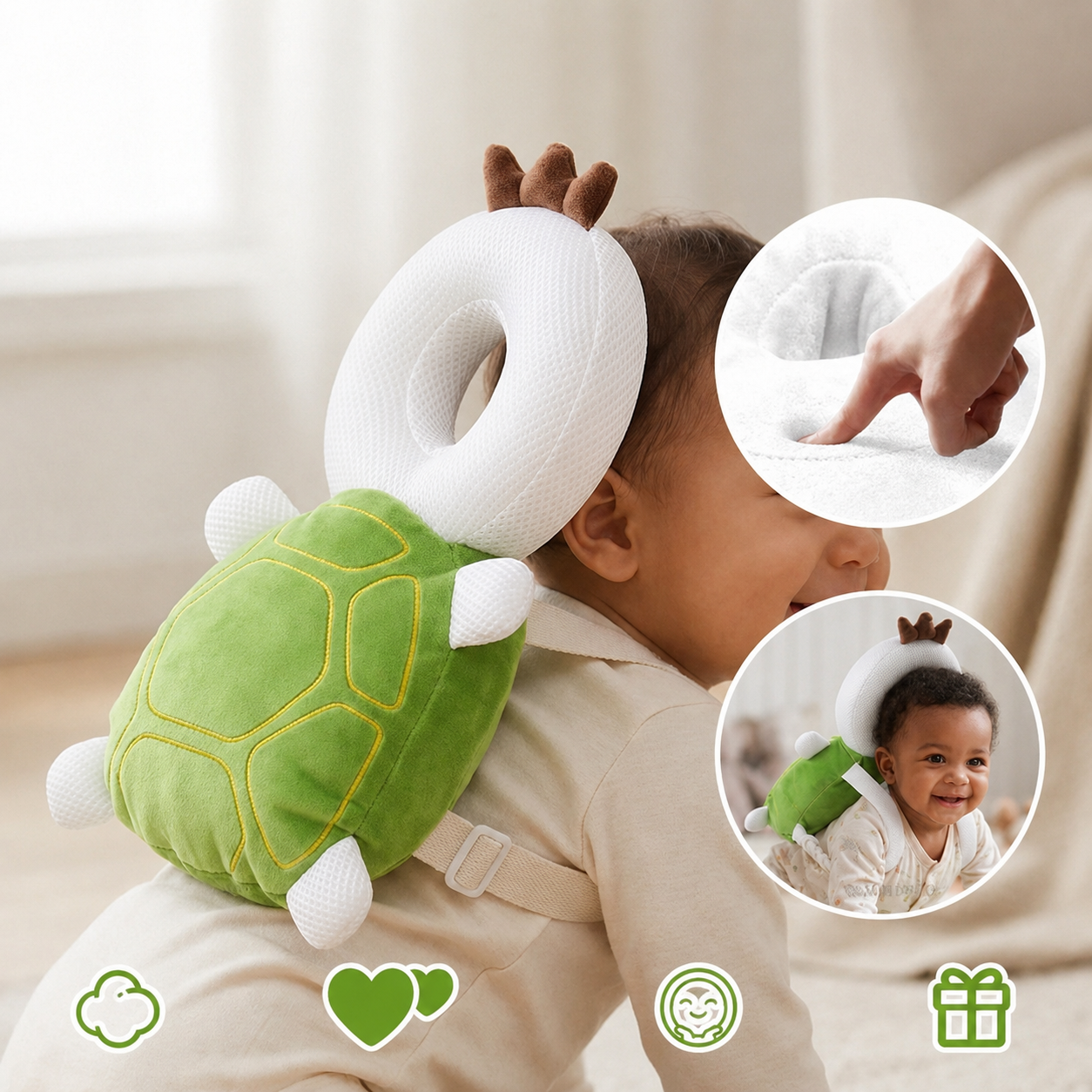 Baby Head Protector Backpack | Anti-Fall Cushion for Toddlers (Tortoise Tobias)