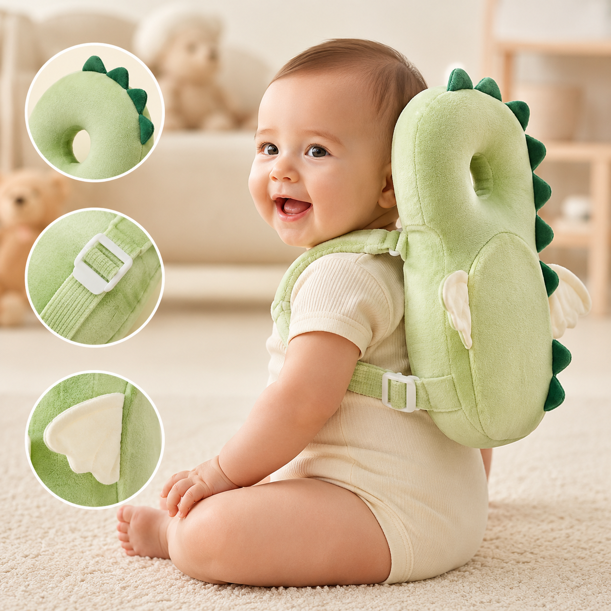 Dino the Dinosaur Baby Head Protector Backpack | Baby Anti-Fall Cushion